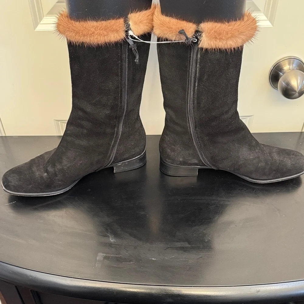 Salvatore Ferragamo Black Suede Boots with Real Mink Fur Trim